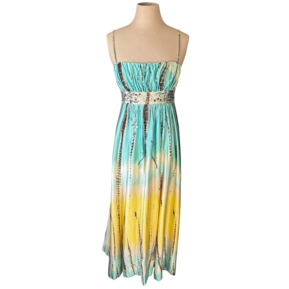 Vtg BCBGMaxAzria Silk‎ Boho Tie Dye Maxi Dress Beaded Waist Sz S Babydolll Y2k